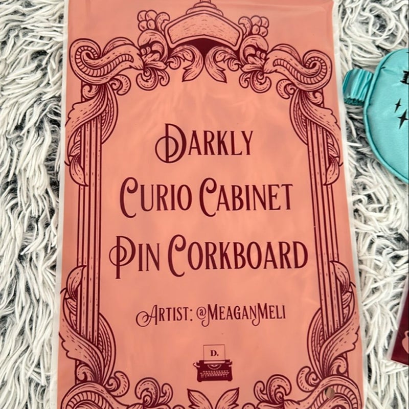 Bookish Box Darkly Curio cabinet pin board, annotation overlays, and sleep mask 