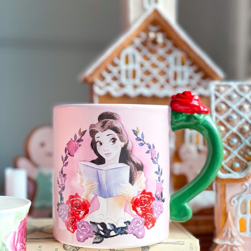 Pastel Pink Belle Reading A Book Mug with Rose Handle Disney Beauty and the Beast