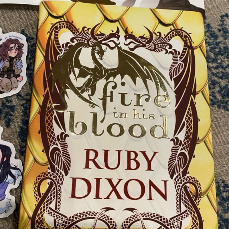 Signed- Fire in his blood by Ruby Dixon, two signed book plates and stickers.