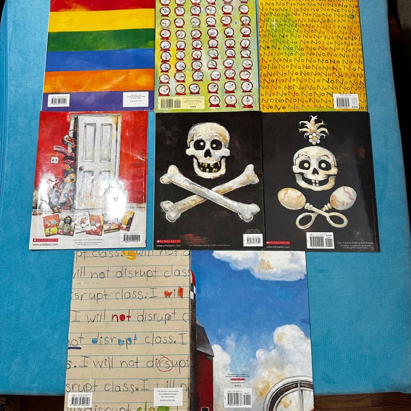 8 caldecott writer David Shannon books (No, David, a bad case of stripes, how I became a pirate, duck on a bike, etc)