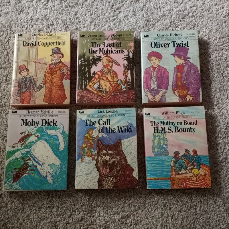 David Copperfield, The Last of the Mochicans, Oliver Twist, Moby Dick, The Call of the Wild, The Mutiny on Board H.M.S Bounty 
