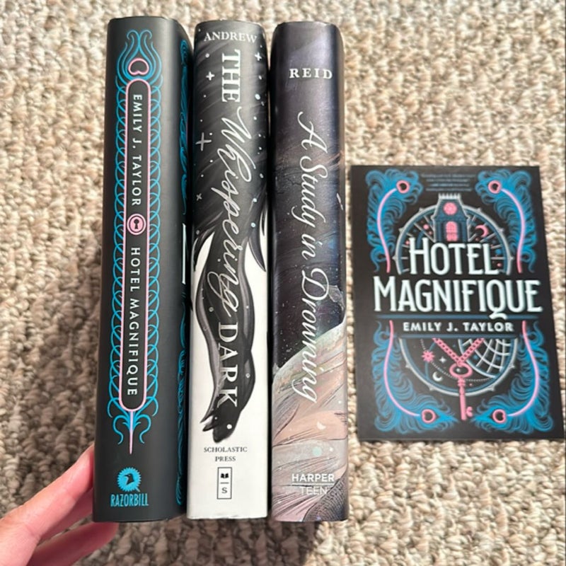 A Study in Drowning, the Whispering Dark, Hotel Magnifique (owlcrate edition, all signed)