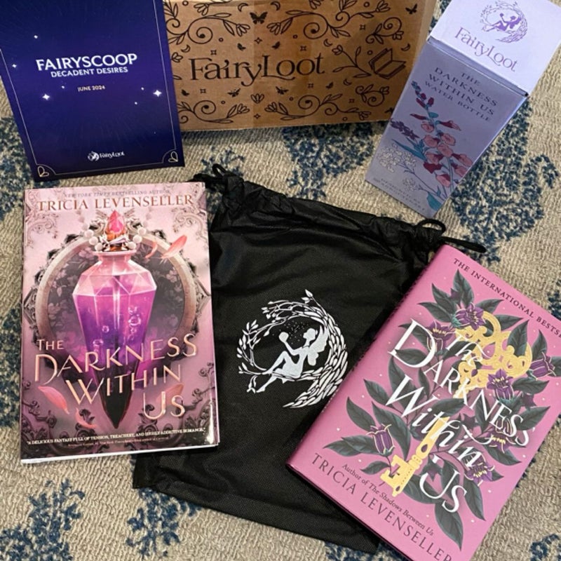 The Darkness Within Us Fairyloot book & water bottle and the First Edition book