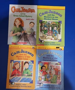 Cam Jansen 4-Pack which includes CAM JANSEN and the Green School Mystery, CAM JANSEN and the Mystery at the Monkey House, CAM JANSEN and the Mystery of the Gold Coins, & CAM JANSEN and the Mystery of the Carnival Prize
