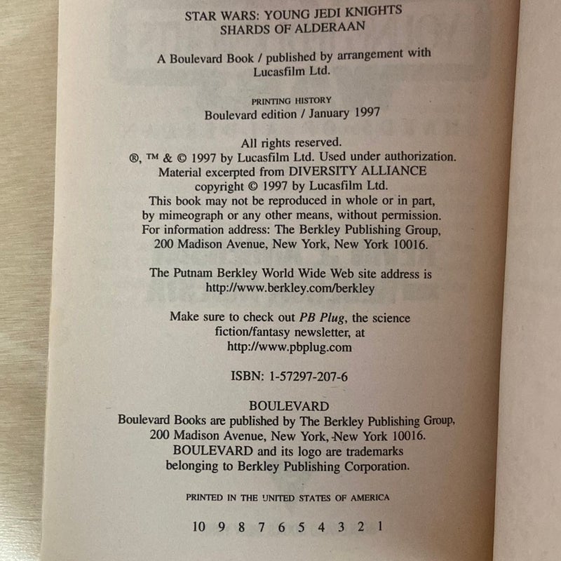 Star Wars Young Jedi Knights: The Shards of Alderaan (First Edition First Printing)