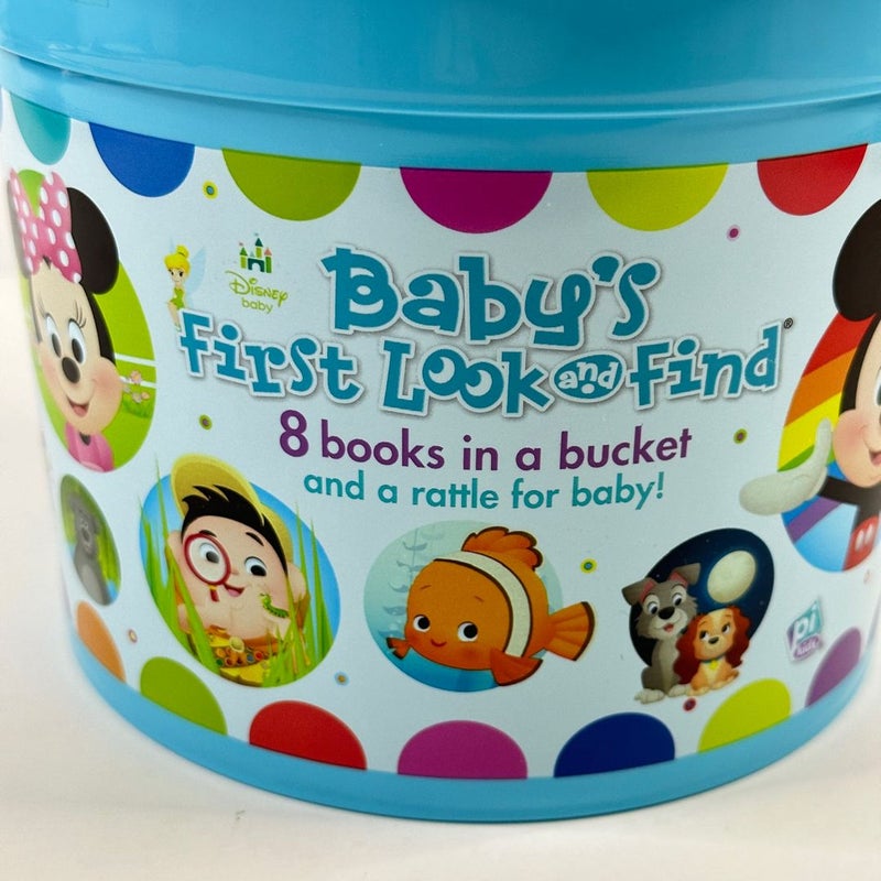 Disney Baby’s First Look and Find Board Book in a Bucket, NEW, 8 Books & Rattle