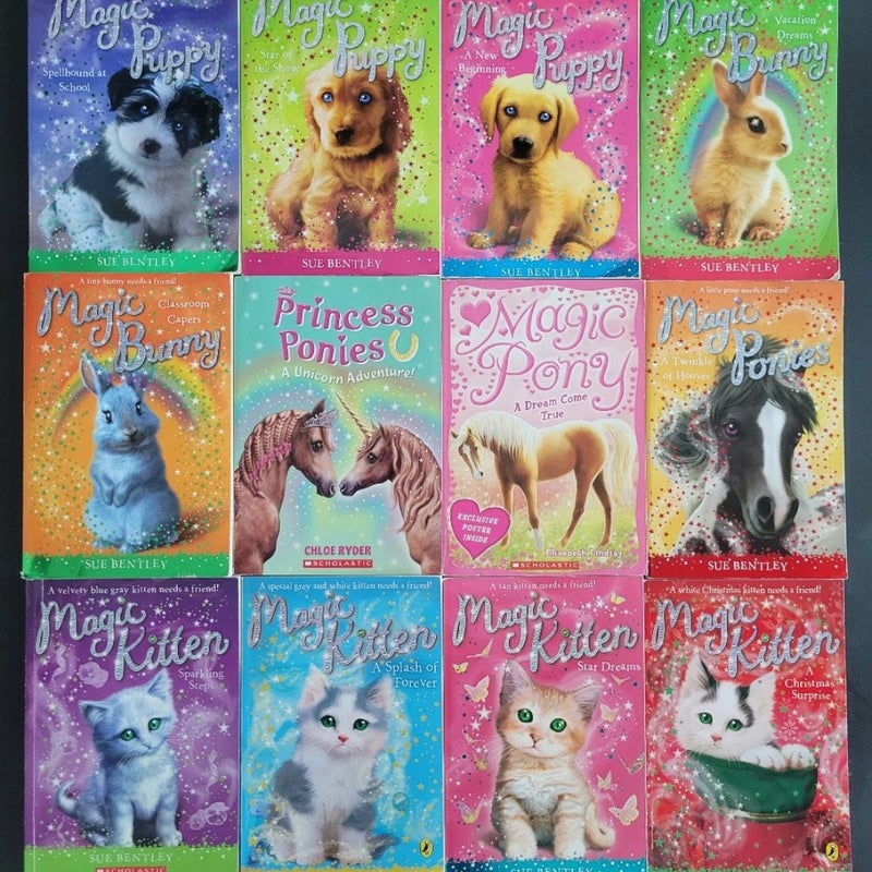 MAGIC PUPPY PONY BUNNY KITTEN VINTAGE LOT SCHOLASTIC BOOKS SUE BENTLEY WITH POSTER