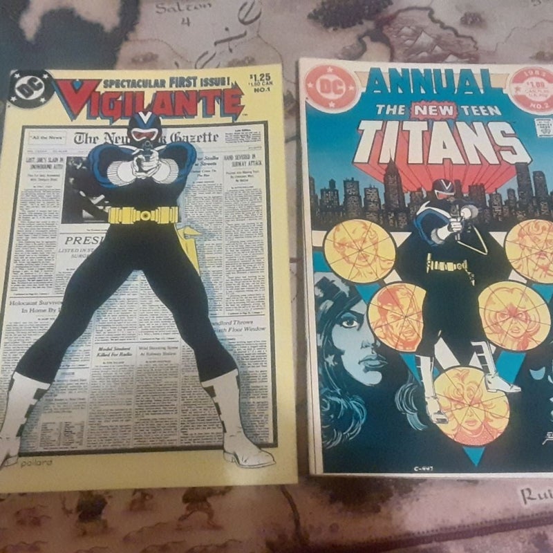 Bundle of 4 DC Comics: New Teen Titans annual 2, Vigilante 1, 17,18 Father's Day by Alan Moore.  #comics
1st appearance of Vigilante. by Marv Wolfman, Keith Pollard, Alan Moore and George Perez. 
   Annual 2 has a miscut cover- it doesn't align perfectly. Also some minor cover wear. 17,18 have a few cover dings. =0
good shape 