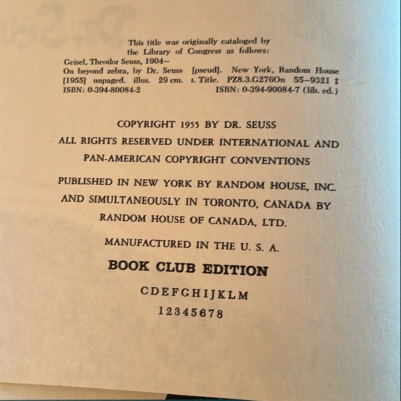 1955 Dr. Seuss On Beyond Zebra Original First 1st Printing BCE HC