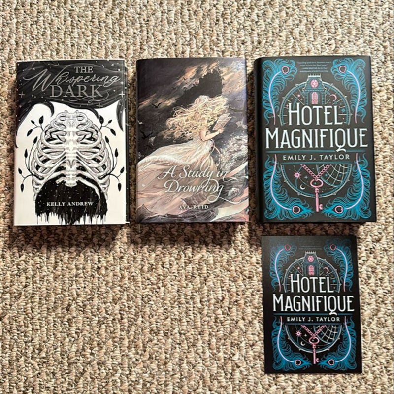 A Study in Drowning, the Whispering Dark, Hotel Magnifique (owlcrate edition, all signed)