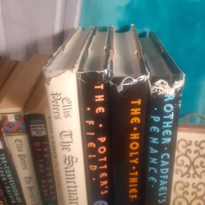 A Brother Cadfael Mystery book set by Ellis Peters, near complete set - 16 out of 21 books!  A Morbid Taste for Bones, Monk's Hood, St. Peter's Fair,
The Sanctuary Sparrow, The Pilgrim of Hate,
An Excellent Mystery, Raven in the Foregate, The Rose Rent,
The Hermit of Eyton Forest, The Confession of Brother Haluin,
The Heretic's Apprentice, The Potter's Field, The Summer of the Danes, The Holy Thief, Brother Cadfael's Penance, A Rare Benedictine