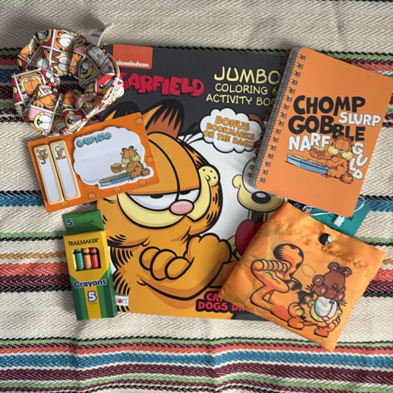 Garfield jumbo coloring book, notebook, swag bag, sticky notes, small crayons, and a scrunchie