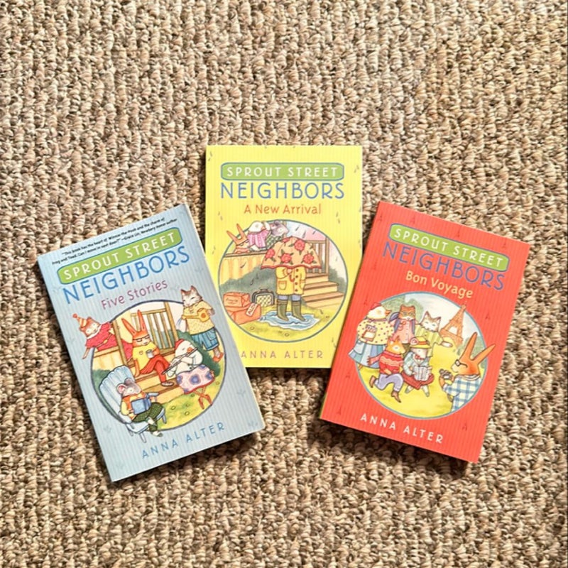 Lot of 3 Sprout Street Neighbors books: five stories, a new arrival, bon voyage