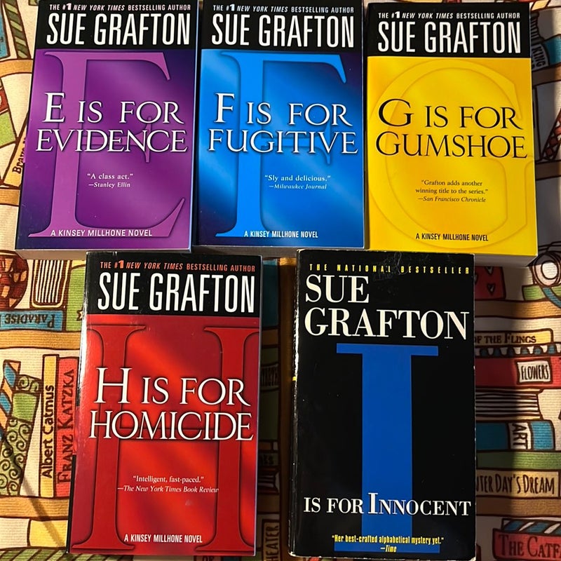 E Is For Evidence, F Is For Fugitive, G Is For Gumshoe, H Is For Homocide, I Is For Innocent 