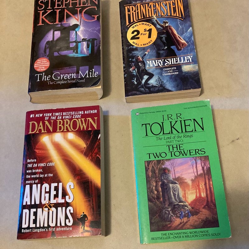 4 BOOK LOT Fantasy, Horror, Suspense - Lord of the Rings Teo Towers, The Green Mile, Frankenstein, Angels & Demons.