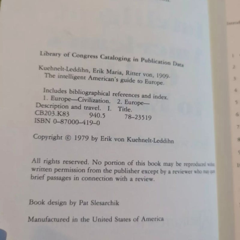 The Intelligent Americans Guide To Europe Erik Von Kuehnelt Leddihn 1979 HC DJ