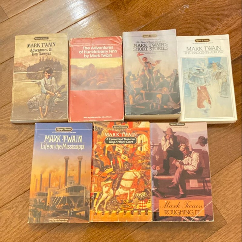 MARK TWAIN BUNDLE: Assorted books by Mark Twain [Adventures of Tom Sawyer, The Adventures of Huckleberry Finn, Mark Twain’s Short Stories, The Innocents Abroad, Life on the Mississippi, A Connecticut Yankee in King Arthur’s Court, Roughing It]