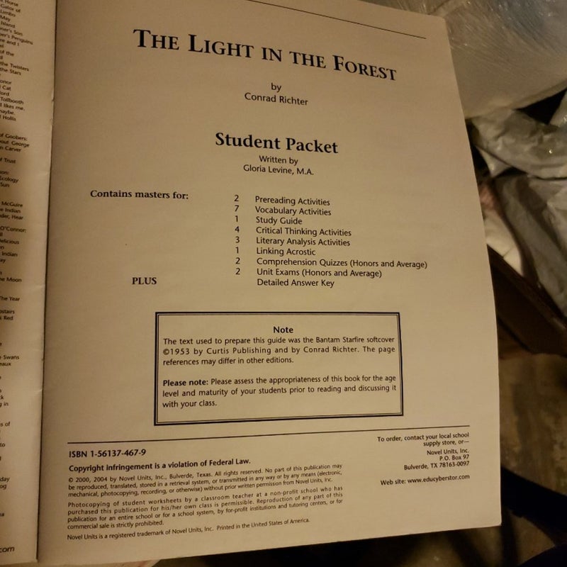 The Light in the Forest Novel Units Teacher Guide