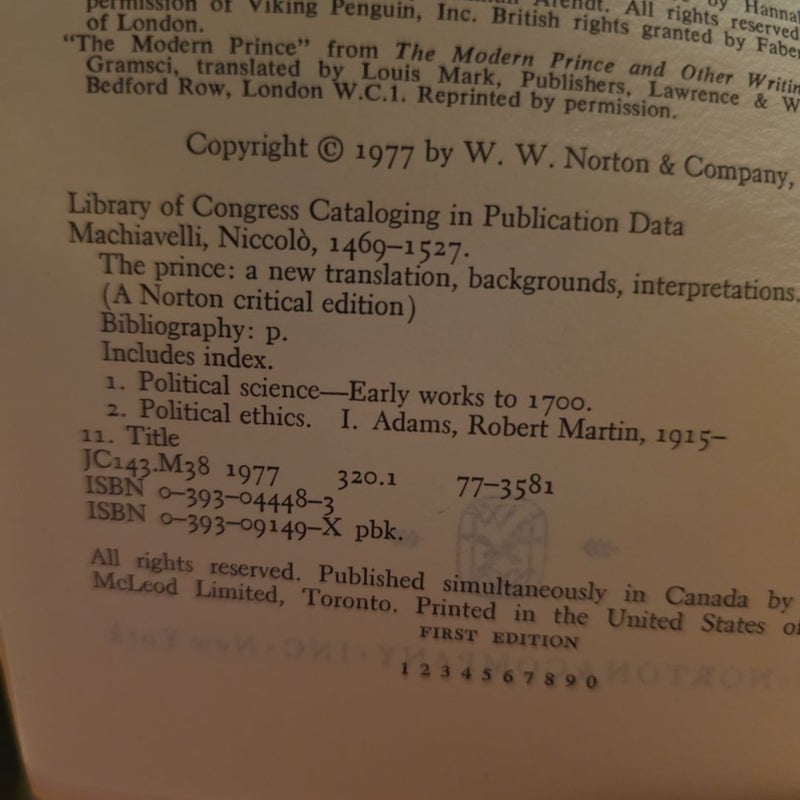 FIRST EDITION, VINTAGE 1977 (Norton Critical Edition) Written by Niccolo Machiavelli, Translated and Edited by Robert M. Adams