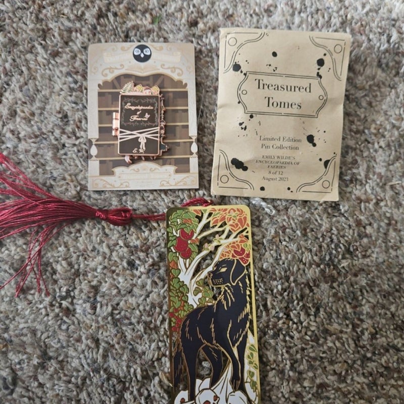 Owlcrate Emily Wildes Encyclopedia  of Faeries Exclusive  treasure tome Pin and metal dog book