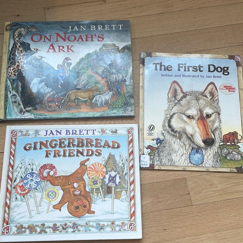 Jan Brett Lot of 3: On Noah's Ark; gingerbread friends; the first dog