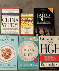 lot of 6: the Paleo diet for Athletes, A week in the Zone, the Dukan Diet & The Dukan Diet Cookbook, the China study, grow young with hgh 