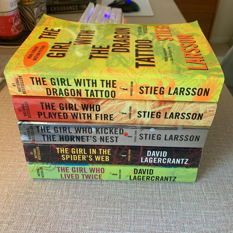 Millennium series ( 1-4 & 6 ) Girl with the Dragon Tattoo, Girl Who Played With Fire, Girl Who Kicked the Hornets Nest, Girl in the Spider’s Web, Girl Who Lived Twice)