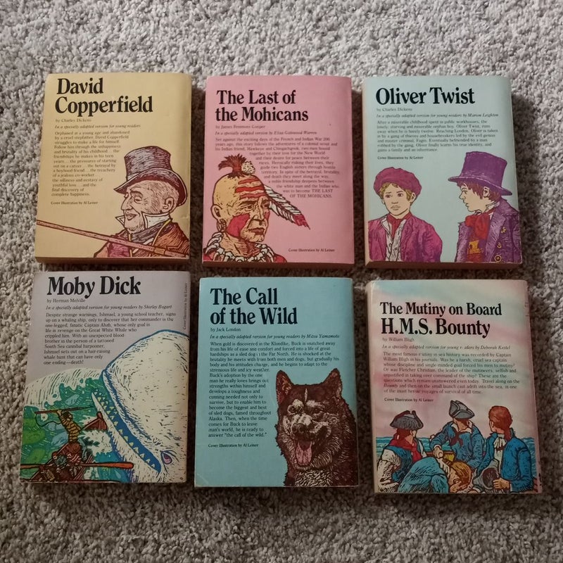David Copperfield, The Last of the Mochicans, Oliver Twist, Moby Dick, The Call of the Wild, The Mutiny on Board H.M.S Bounty 