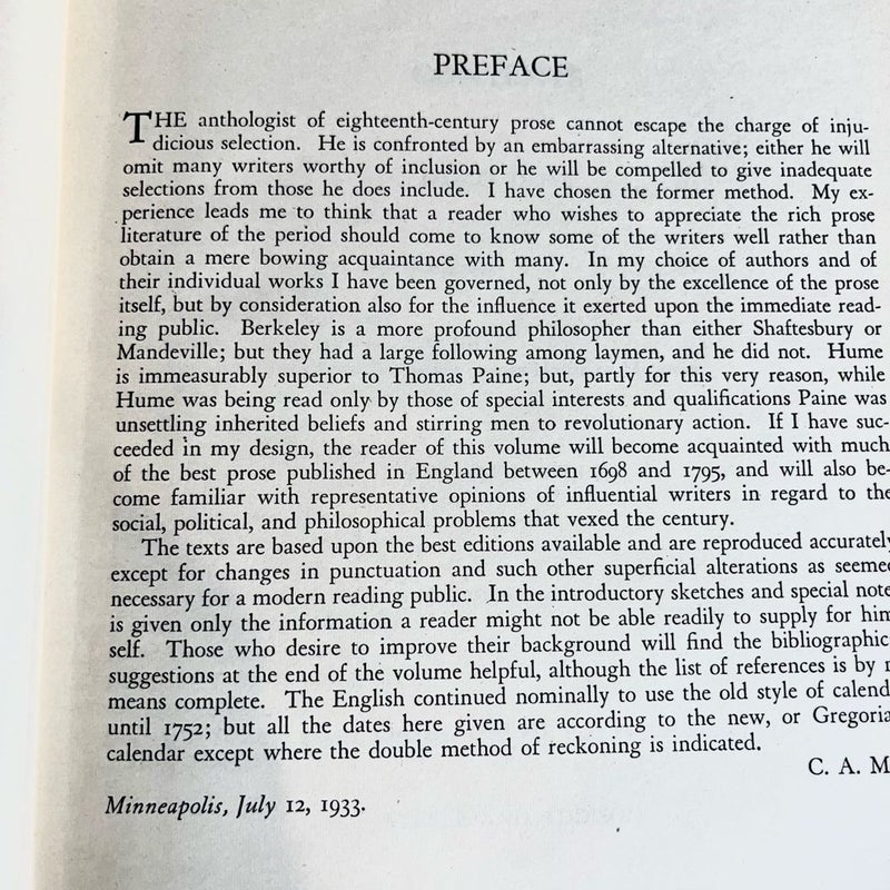 English Prose of the Eighteenth Century - 1934 Vintage Book