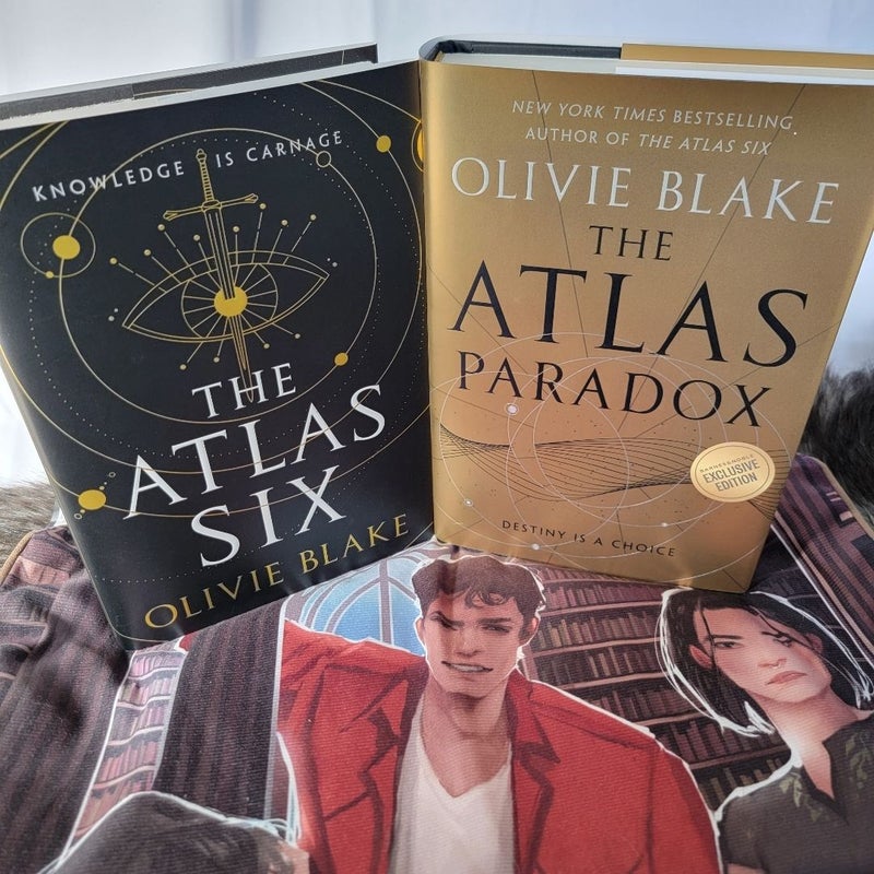 The Atlas Six, B&N The Atlas Paradox and Fairyloot Atlas Six Pillow Cover