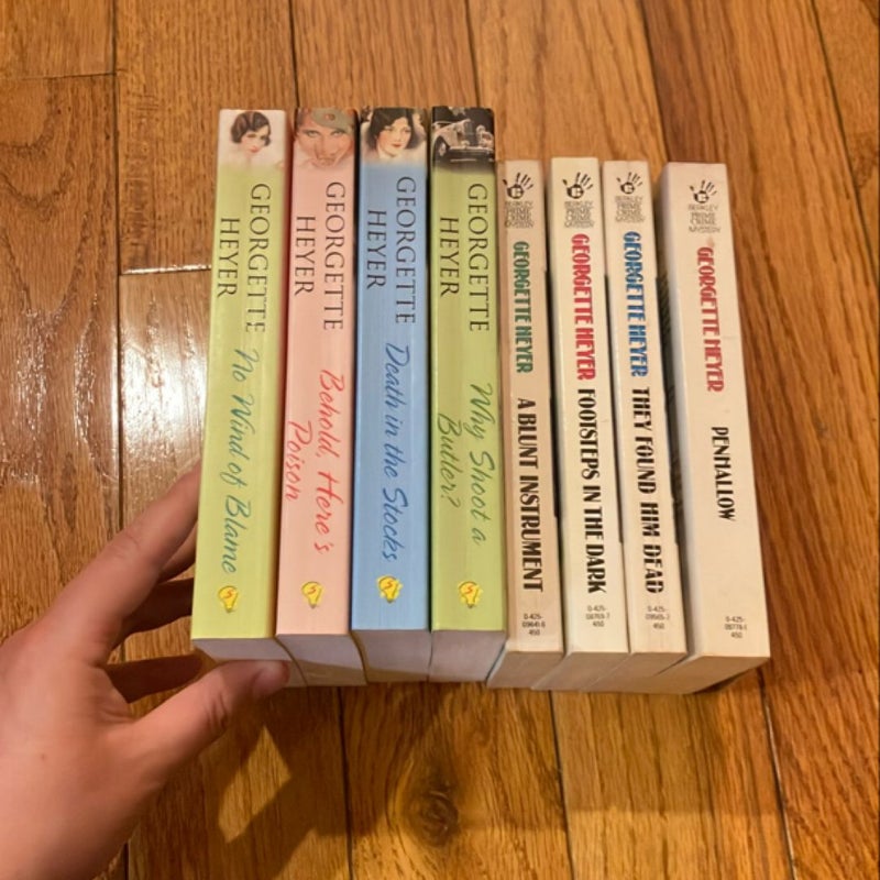 Georgette Heyer mystery bundle (No Wind of Blame, Behold Here’s Poison, Death in the Stocks, Why Shoot a Butler, A Blunt Instrument, Footsteps in the Dark, They Found Him Dead, and Penhallow) 