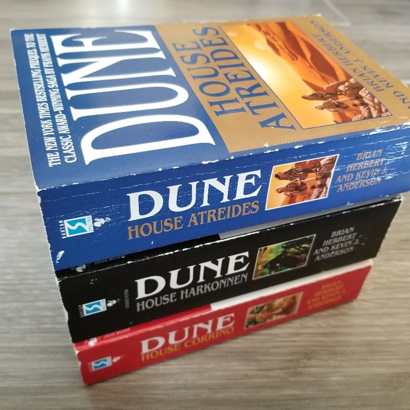 DUNE TRILOGY BY FRANK HERBERT: ATREIDES, HARKONNEN, CORRINO VTG. 2001-2002 BOOKS