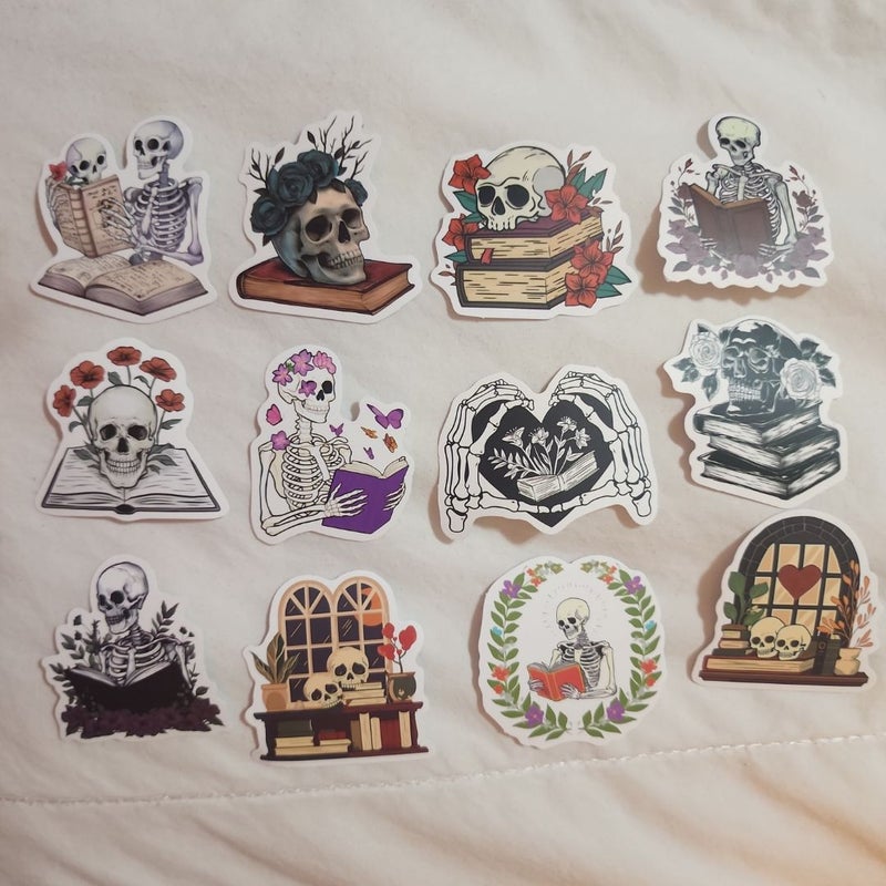 12 Bookish Stickers Skeletons Flowers