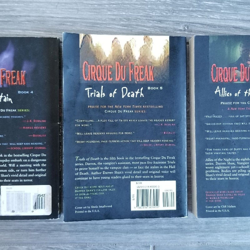 3 CIRQUE DU FREAK DARREN SHAN Y.A. HORROR BOOKS VAMPIRE MOUNTAIN, TRIALS OF DEATH, ALLIES OF THE NIGHT