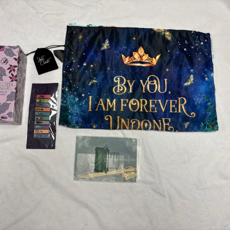 Box with 15 books and 20 goodies from Bookish box, Illumicrate, Fairyloot, Faecrate and Owlcrate.