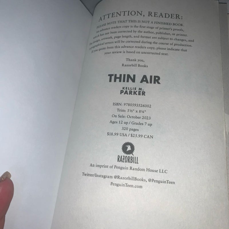 Thin Air by Kellie M. Parker Paperback Book, Advance Readers Copy  Razorbill.