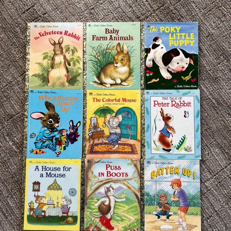 The Velveteen Rabbit , Baby Farm Animals, The Pokey Little Puppy , When Bunny Grows Up, The Colorful Mouse, The Tale of Peter Rabbit, A House for a Mouse, Puss In Boots, Batter Up 