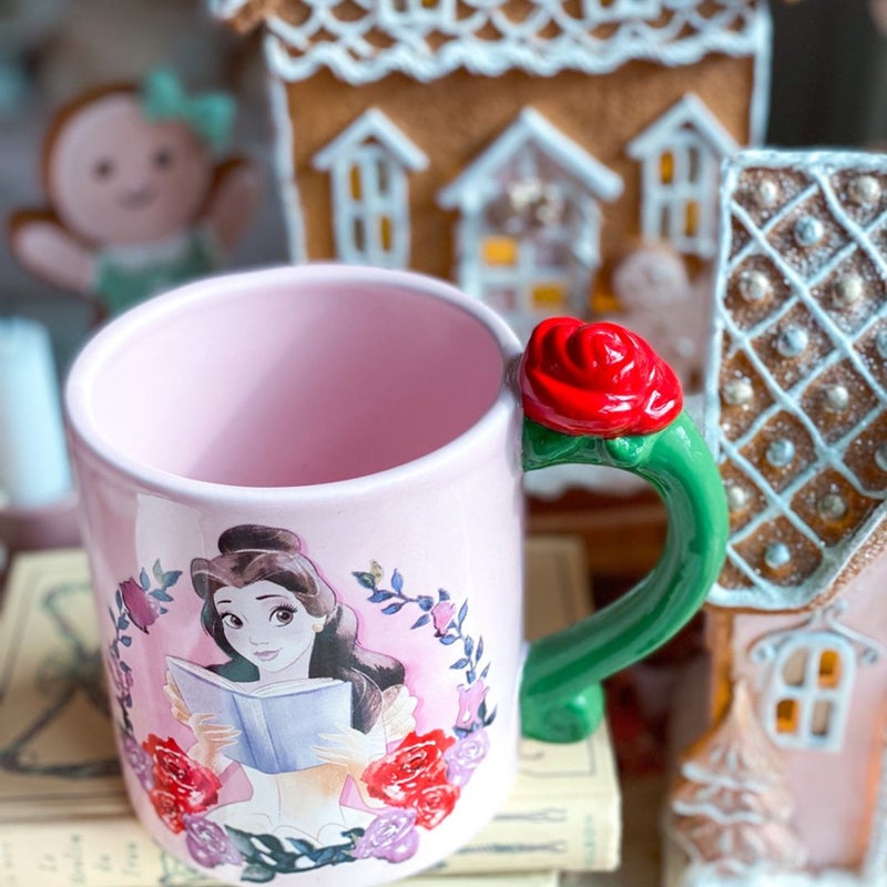 Pastel Pink Belle Reading A Book Mug with Rose Handle Disney Beauty and the Beast