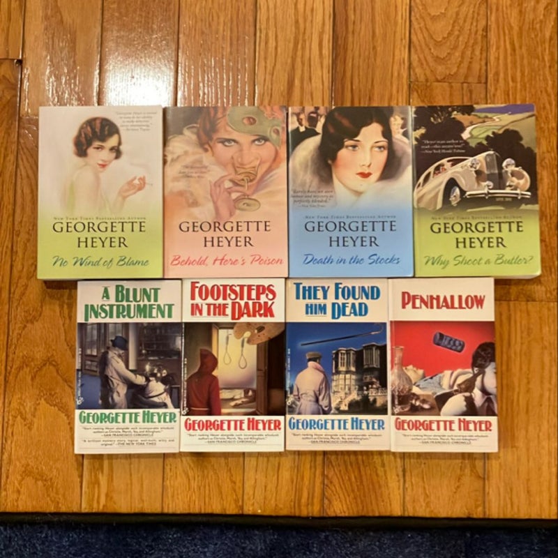 Georgette Heyer mystery bundle (No Wind of Blame, Behold Here’s Poison, Death in the Stocks, Why Shoot a Butler, A Blunt Instrument, Footsteps in the Dark, They Found Him Dead, and Penhallow) 