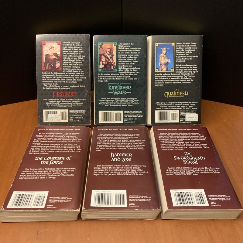 Vintage 1991 First Edition DragonLance: Complete Elven Nations & Dwarven Nations Trilogy Set: Firstborn, The Kinslayer Wars, The Qualinesti, The Covenant of the Forge, Hammer and Axe, The Swordsheath Scroll