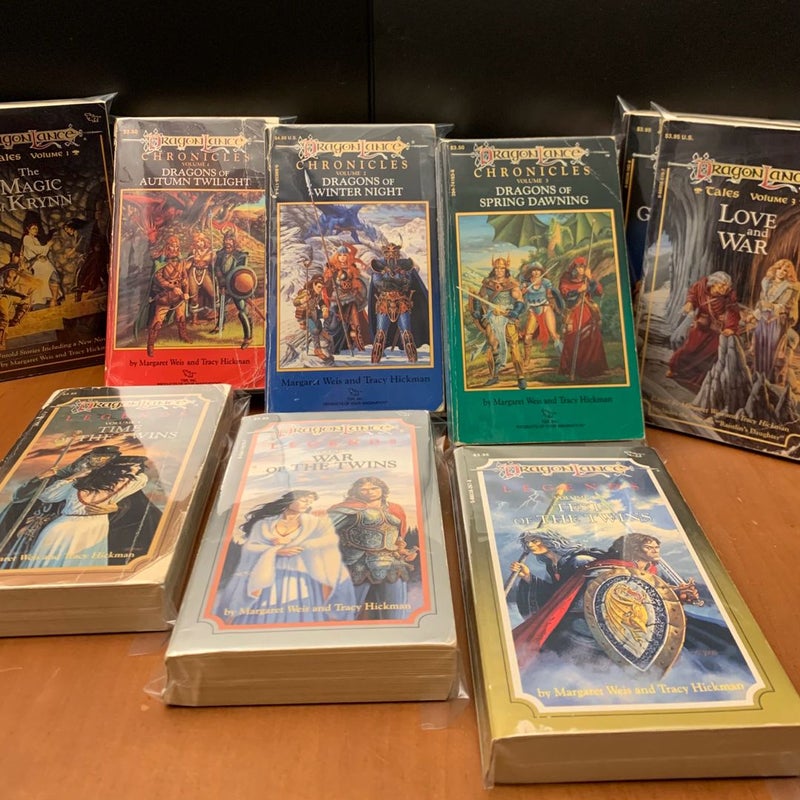 Vintage DragonLance: Complete Chronicles, Legends, Tales I Trilogy Set: Dragons of Autumn Twilight, Dragons of Winter Night, Dragons of Spring Dawning, Time of the Twins, War of the Twins, Test of the Twins, The Magic of Krynn, Kender, Gully Dwarves, and Gnomes, Love and War