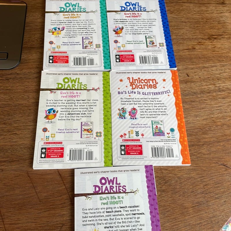 Owl Diaries (#3, 7, 9, 14) / Unicorn Diaries (#6) lot of books 
