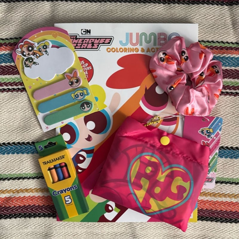 Powerpuff Girls Jumbo coloring book, scrunchie, sticky notes, swag bag, and a small box of crayons
