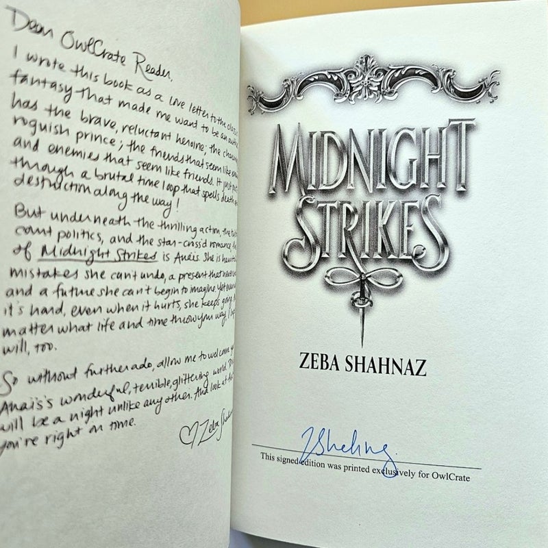 NEW Midnight Strikes SIGNED by Zeba Shahnaz Owlcrate FIRST Edition