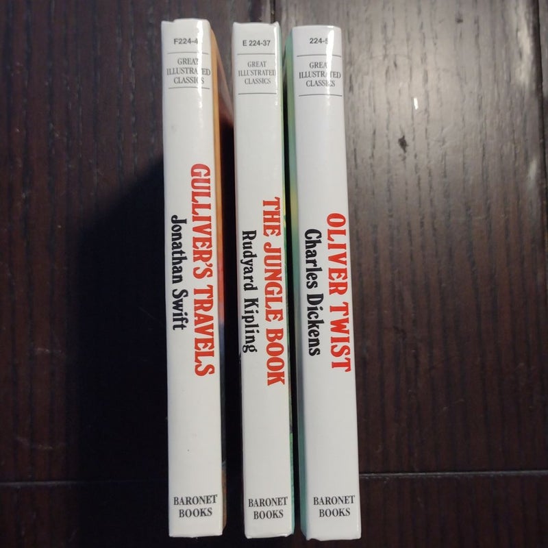 The Great Illustrated Classics: Gulliver's Travels, The Jungle Book, and Oliver Twist.