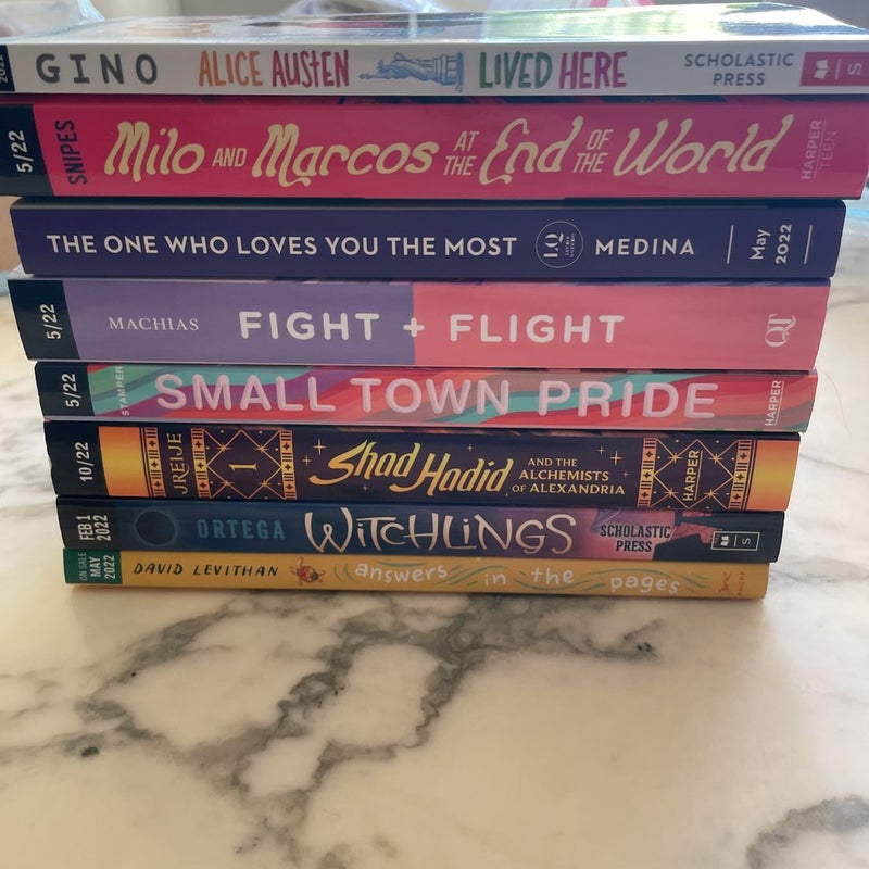 ARCs Alice austen lived here, milo and marcos at the end of the world, the one who loves you the most, fight + flight, small town pride, shad hadid and the alchemists of alexandria, witchlings, answers in the pages