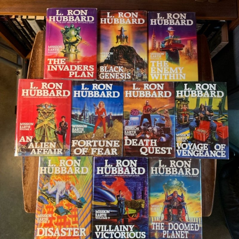 Complete Mission Earth First Edition Dekalogy , Books 1-10: The Invaders Plan, Black Genesis, The Enemy Within, An Alien Affair, Fortune of Fear, Death Quest, Voyage of Vengeance, Disaster, Villianious Victory, The Doomed Planet 