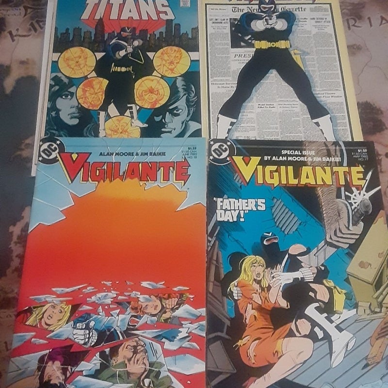 Bundle of 4 DC Comics: New Teen Titans annual 2, Vigilante 1, 17,18 Father's Day by Alan Moore.  #comics
1st appearance of Vigilante. by Marv Wolfman, Keith Pollard, Alan Moore and George Perez. 
   Annual 2 has a miscut cover- it doesn't align perfectly. Also some minor cover wear. 17,18 have a few cover dings. =0
good shape 