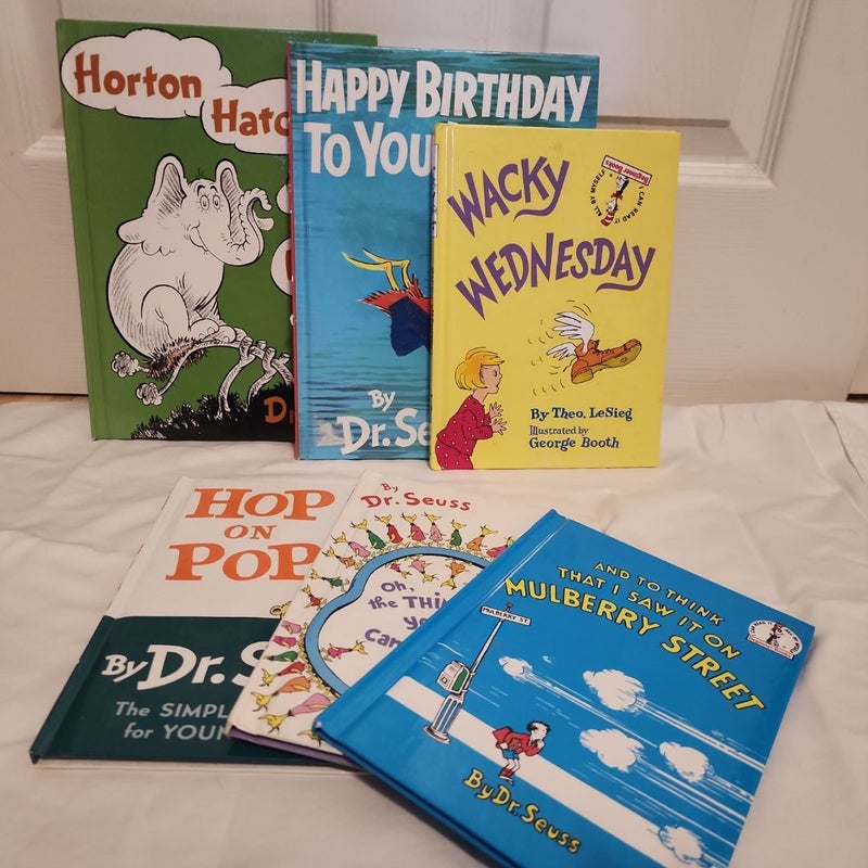 Lot of 6. Horton Hatches the Egg. Happy Birthday to you. Wacky Wednesday. Hop on Pop. Oh, The Thinks you Can Think. And, for To Think That I Saw It On Mulberry Street.