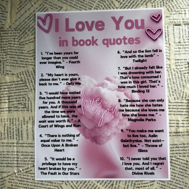 I Love You in Book Quotes Book Print Poster Only 8.5”x11” No Frame